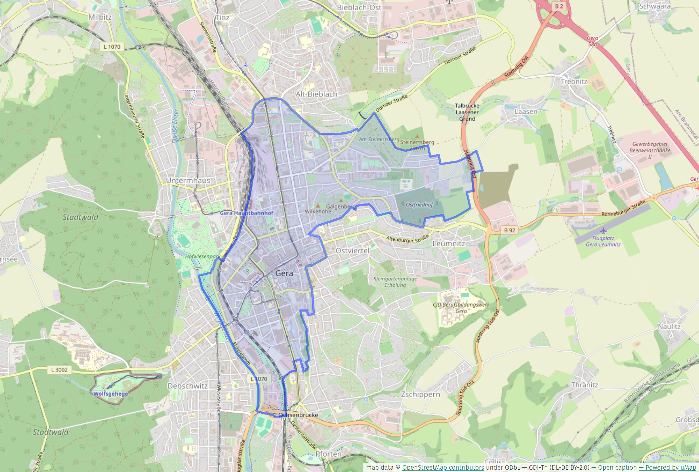 Diese OpenStreetMap-Karte mit ODbL-lizenzierten Daten der Thüringer Geodateninfrastruktur zeigt die Umrisse des Ortsteils Gera-Innenstadt.